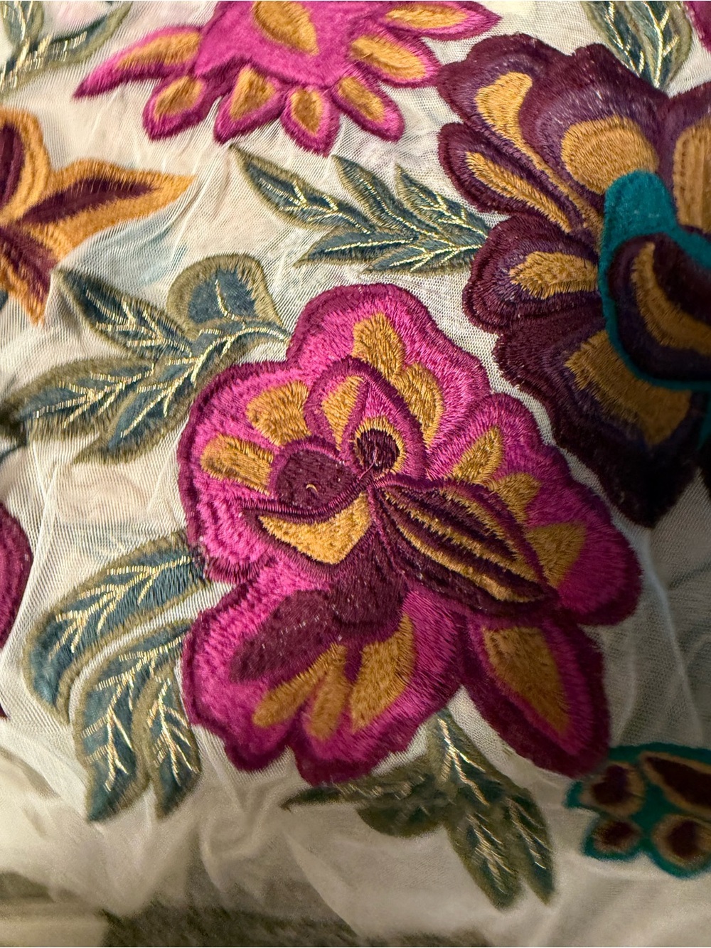ANTHROPOLOGIE- Embroidered Floral Sheer Blouse in Cream with Pink & Teal Accents - Picture 2 of 5
